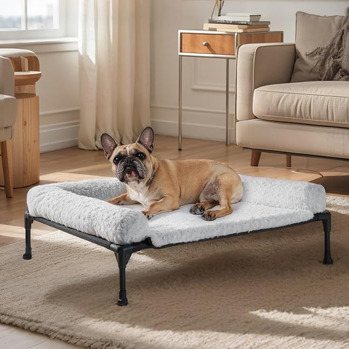 Veehoo Cooling Elevated Dog Bed Add Removable Deluxe Rose Plush Bolster Cushion Mat, 35" x 22" Washable Dog Couch Bed, Raised Pet Cot with Breathable Teslin Mesh, No-Slip Feet, Grey, CWC2439B
