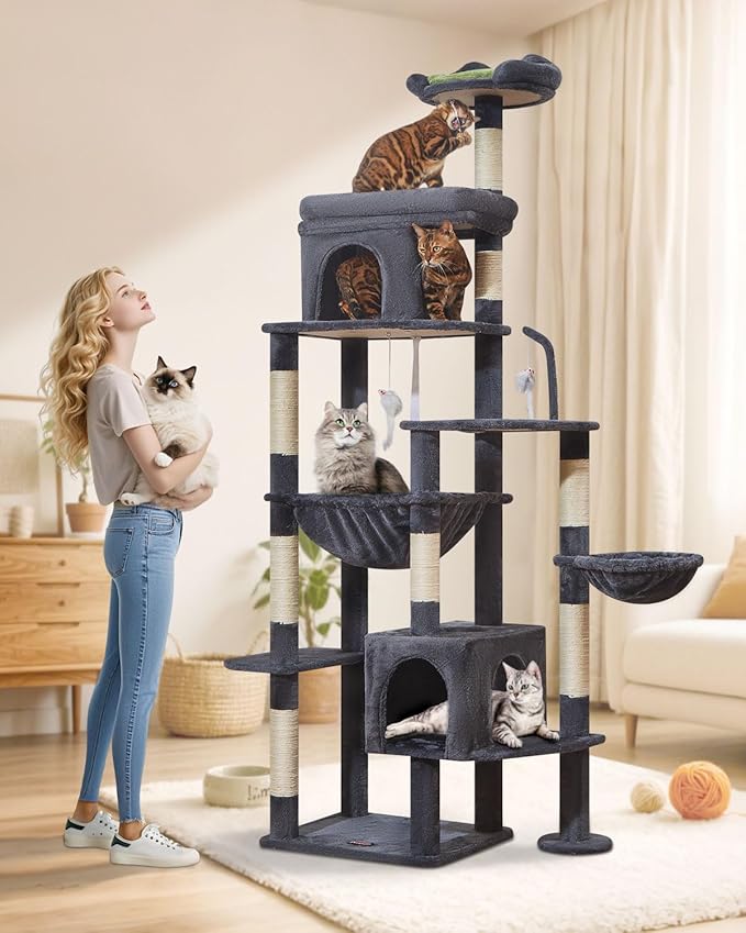Taoqimiao 83In Heavy Duty Cat Tree, Suitable 20lb+ Large Cats, XXL-Cat Tower for Indoor Cats Large Adult, 2 Luxurious Cat Cando with 8 Scratching Posts,Oversized Metal Hammocks,Smoky Gray MS032G