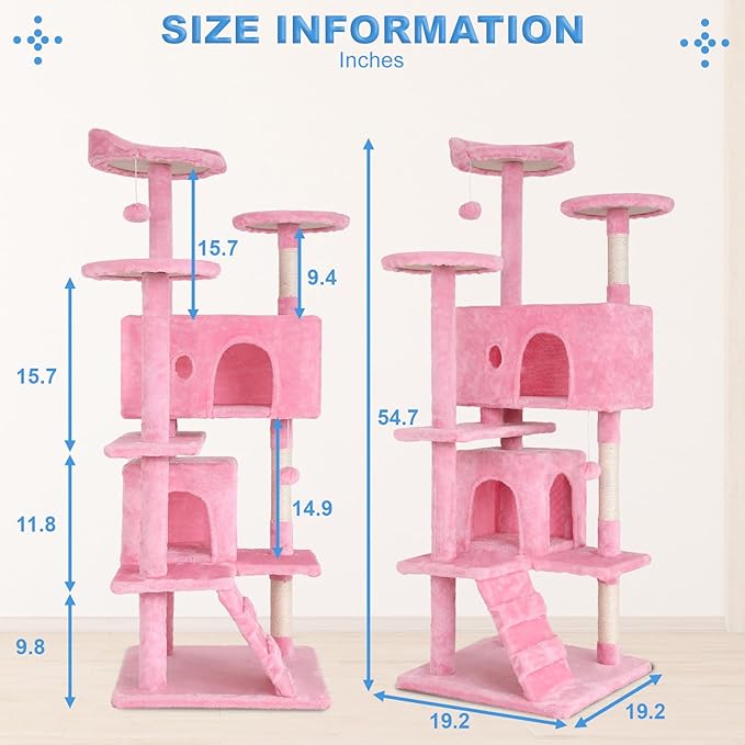 FDW Cat Tree 54in Cat Tower Multi-Level Durable Cat Scratching Post & Cozy Fun Cat Jumping Platform Space Saving Cat Condo Pet Play House for Indoor Cats,Pink