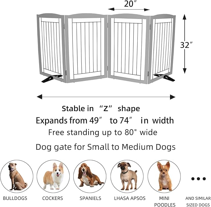ZJSF Freestanding Dog Fence Indoor, Foldable Dog Gate for Doorways, Stairs or Hallways, Sturdy Wood Extra Wide Pet Gate with Support Feet for The House, Grey, 32 "Height-4 Panels
