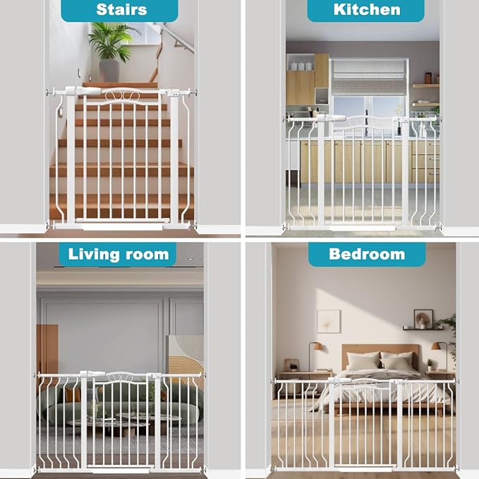 29.9-33.4 in Wide Baby Gate for Stairs Doorways, Auto Close Child Safety Gates Indoor for Dogs Pets, Pressure Mounted Metal Barrier Kids Toddler Door Walk Through, 30" Tall, White
