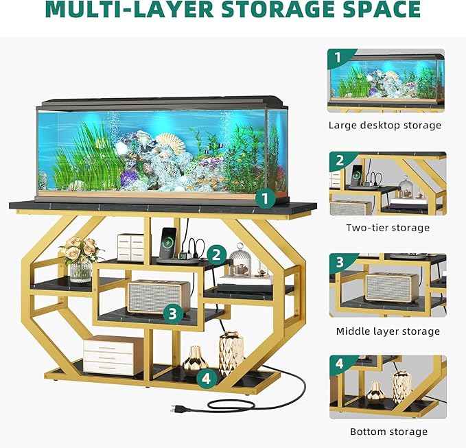 YITAHOME Heavy Duty 55-75 Gallon Fish Tank Stand with Power Outlet, Marble Aquarium Stand for Fish, Turtle, Reptile Terrarium, Shelves for Fish Tank Accessories Storage, 860LBS Capacity, Gold
