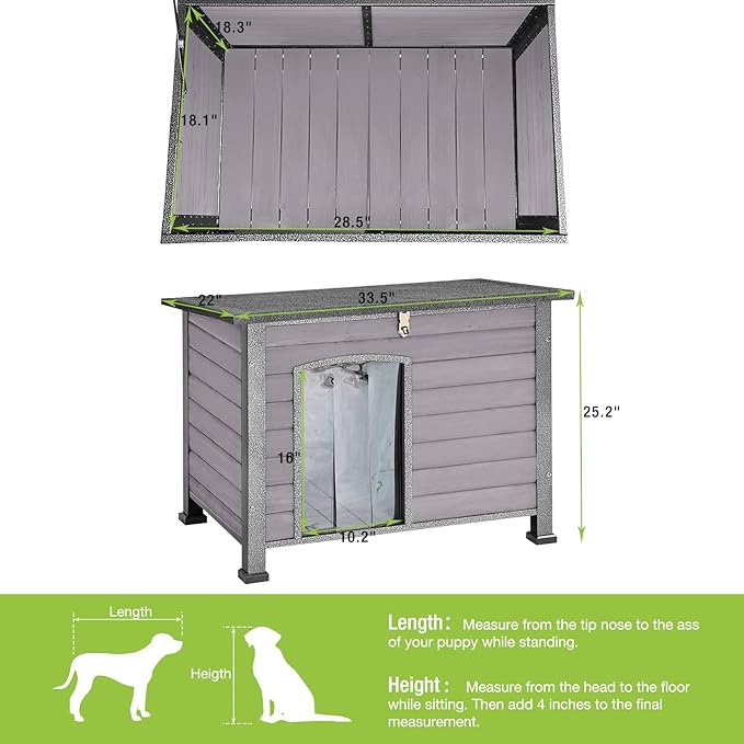 GUTINNEEN Chew Proof Dog House with Metal Iron Frame Outdoor Dog Kennel for Small Medium Large Indoor Dog Cage (33.5" L,Grey Color)