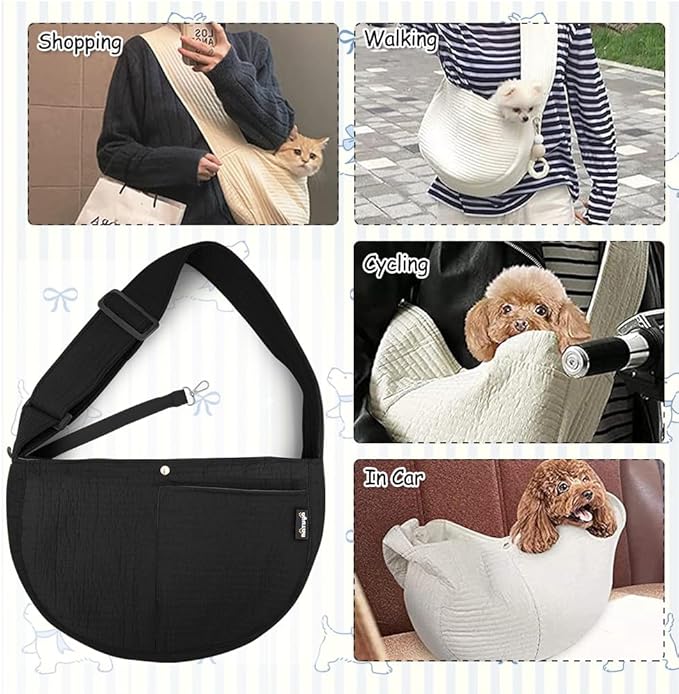 NATUYA Small Dog Carrier Sling Cat Sling-Dog Slings for Carrying Small Dogs-Adjustable Strap Hand Free Pet Puppy for Outdoor Traveling Subway (Black, Canvas-Adjustable Strap)