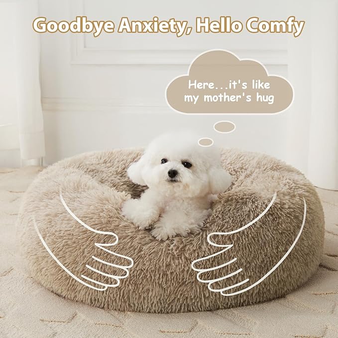 WNPETHOME Calming Dog Bed & Cat Bed, Anti-Anxiety Donut Small Dog Beds, Fluffy Faux Fur Cat Cushion Dogs Bed for Small Dogs and Pet (24 x 24 Inch, Brown)