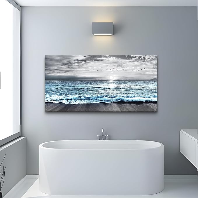 Lapremoly Black And White Beach Wall Painting Canvas Wall Art For Living Room Large Wall Decor For Bedroom Office Wall Decorations Blue Ocean Sea Wave landscape Pictures Artwork Posters Home Decor