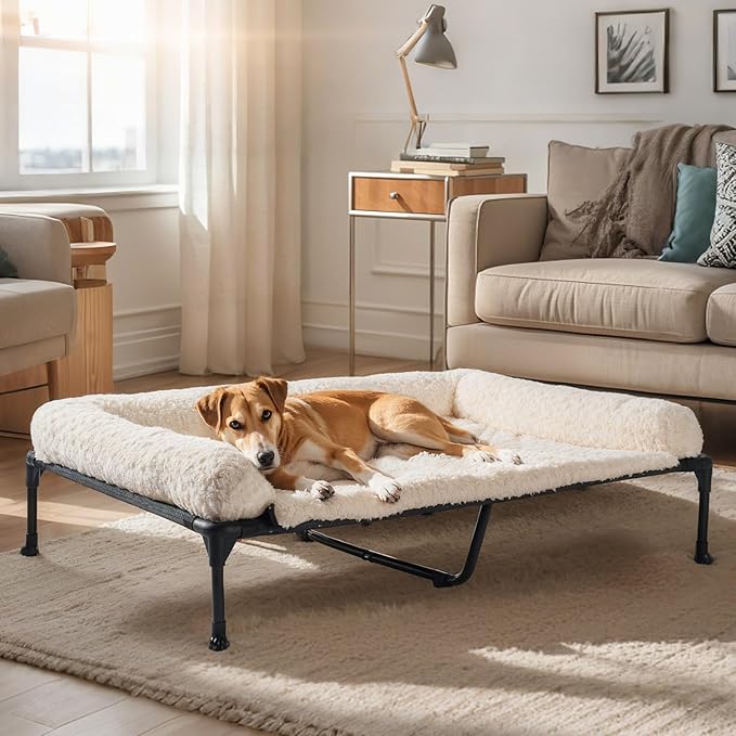 Veehoo Cooling Elevated Dog Bed Add Removable Deluxe Rose Plush Bolster Cushion Mat, 53" x 33" Washable Dog Couch Bed, Raised Pet Cot with Breathable Teslin Mesh, No-Slip Feet, White, CWC2439B