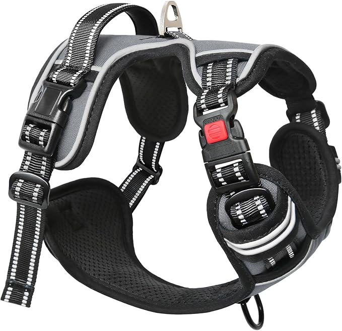 Timos Dog Harness Small Sized, No Pull with Neck Lockable Snap,No Choke Front Clip Dog Reflective Harness,Adjustable Metal Rings 3 Buckles,Easy Control Handle for Small Dogs Gray S