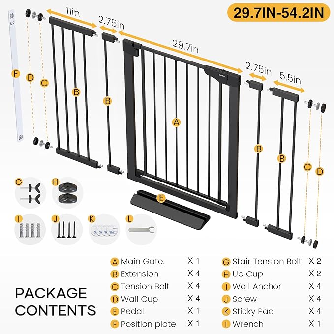 Cumbor 36" Extra Tall Baby Gate for Stairs, 29.7-54.2" Extra Wide Dog Gate for Doorways Hallways, Pressure Mounted Child Gate for Wide Opening, Auto Close Personal Safety for Babies and Pets, Black