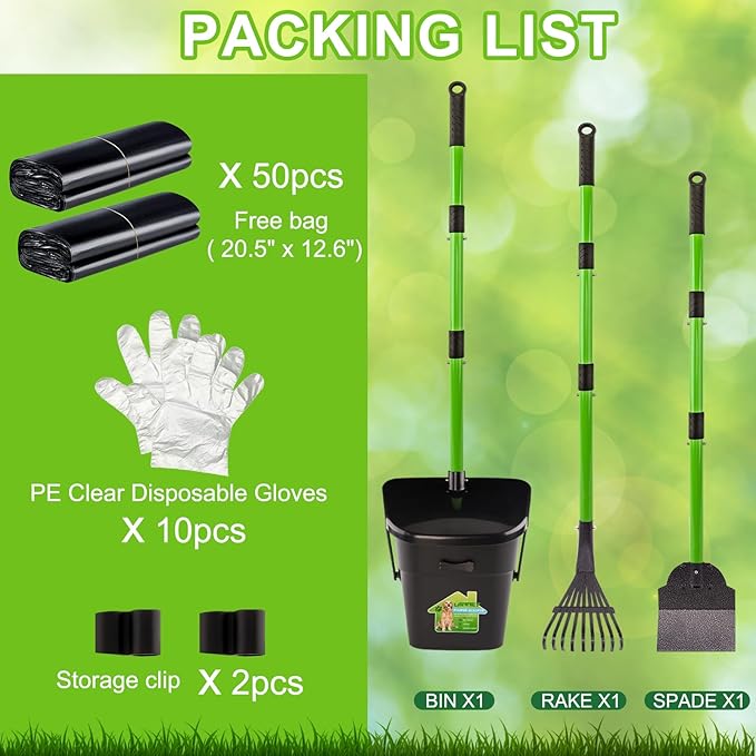 LANNEY Pooper Scooper - 38" Long Adjustable Metal Handle Dog Pooper Scooper Swivel Bin & Rake & Spade with 50 Bags Attachment, Portable Heavy Duty Dog Poop Scooper for Yard Dogs Large Medium Small