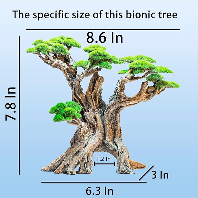 Fish Tank Decor- Bonsai Tree of The Forest with Faux Moss- Aquarium Decoration Aquascaping- Made of Sandstone, 8.8 x 4.3 x 7.8 inches