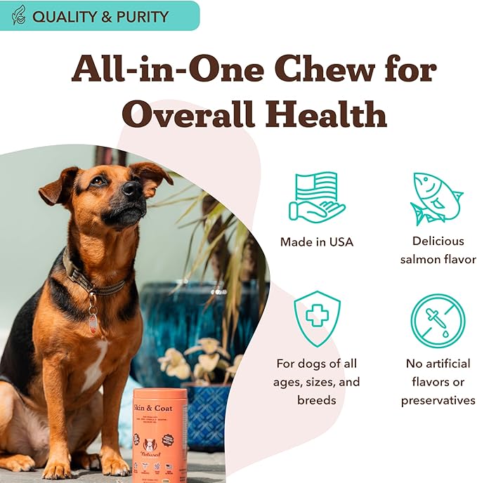 Natural Dog Company Skin & Coat Supplement for Dogs Omega-3 Rich Salmon Oil Chews for Itchy Skin Relief, Shedding & Allergy Support, Shiny Coat Health, with Biotin, Vitamin E, Grain-Free (180 Count)