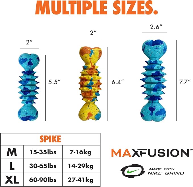 Max Fusion with Nike Grind, Arlee Spike Bone Dog Toy, Chew Toy for Play, Fetch, Tug, L