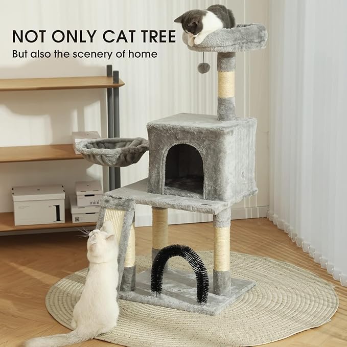 HOOPET 44IN Cat Tree for Indoor Cats - Multi-Level Cat Tower with Hammock, Condo, Scratching Posts, Self-Grooming Brush & Play Ball - Space-Saving Cat Furniture for Small Apartments