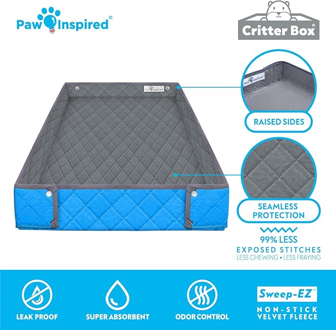 Paw Inspired Critter Box Washable Cage Liner, Reversible Fleece Bedding with Raised Sides for Guinea Pigs and Other Small Animals (C&C 2x4 (14" Grids), Gray/Blue)