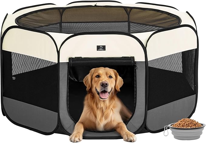 A4Pet Dog Playpen Indoor, 49” Portable Playpen with Bowl, Suitable for Puppies, Kittens, and Small Animals, Removable Zipper & Mesh Panel(16”W × 10”H)