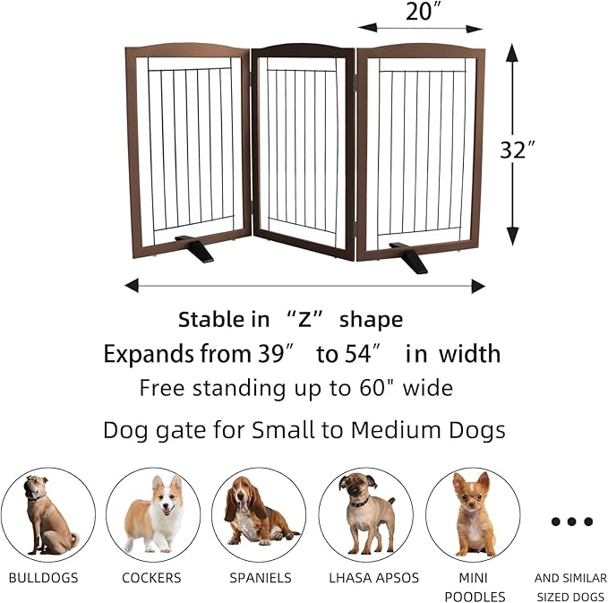 ZJSF Freestanding Dog Fence Indoor, Foldable Dog Gate for Doorways, Stairs or Hallways, Sturdy Wood Extra Wide Pet Gate with Support Feet for The House, Brown, 32 "Height-3 Panels