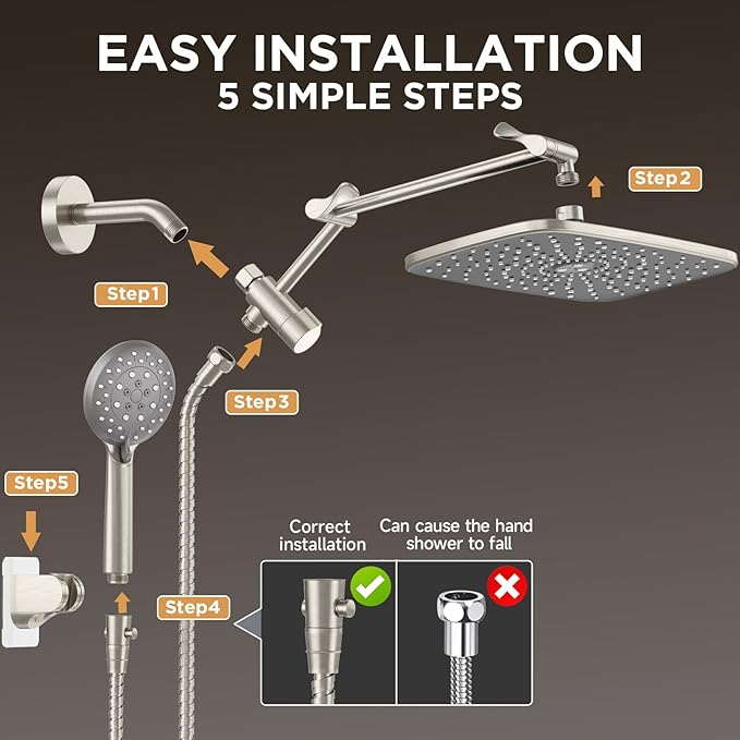 Veken Wide Rain Shower Head with 6 Modes Handheld Water Spray,High Pressure Showerhead Combo with Arm,Adjustable Dual Shower with Anti-Clog Nozzles, Brushed Nickel