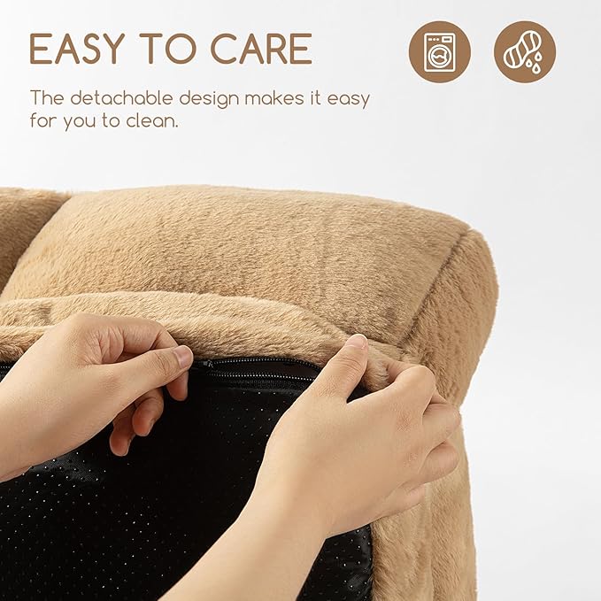 Hollypet Fluffy Plush Pet Dog Cat Couch Soft Calming Pet Sofa Bed for Medium Small Cats and Dogs, Light Brown