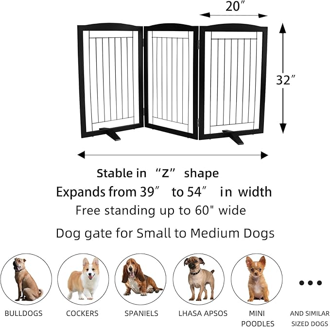 ZJSF Freestanding Dog Fence Indoor, Foldable Dog Gate for Doorways, Stairs or Hallways, Sturdy Wood Extra Wide Pet Gate with Support Feet for The House, Black, 32 "Height-3 Panels