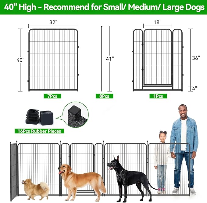 Dog Playpen Outdoor Extra Wide 16 Panels Heavy Duty Dog Fence 40" Height Anti-Rust with Doors Portable for RV Camping Yard, Total 42FT, 140 Sq.ft, Snowy Black