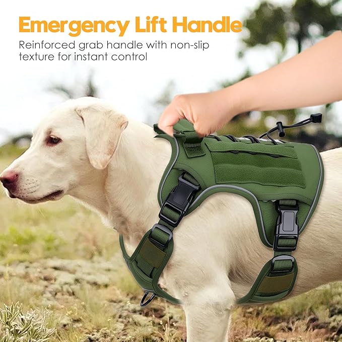 Heavy-Duty Tactical Dog Harness for Large Dogs, No Pull Adjustable Reflective Pet Vest with Molle System, K9 Military-Grade Control for Service Training, Outdoor & 10+ Breeds, Green, XX-Large