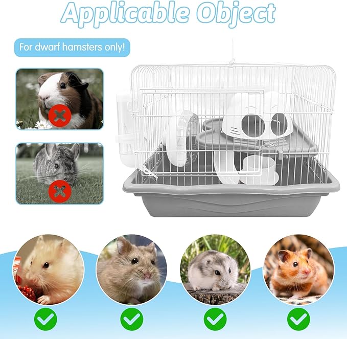 PINVNBY Dwarf Hamster Cage, Small Animal Cages, 2-Tier Travel Portable Mouse Cage Hamster Carrier with Castle House Running Exercise Wheels, Water Bottle and Food Dis(Gray)