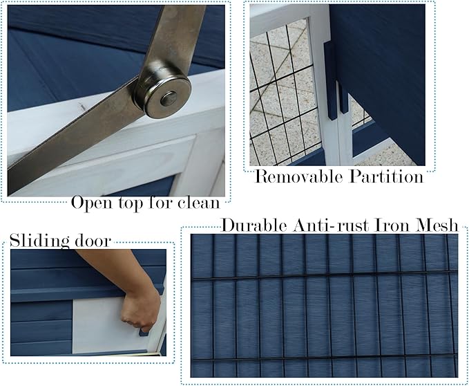 Rabbit Hutch Indoor Leakproof Bunny Cage Fir WoodenOutdoor Bunny House with Wire Floor Leakproof Plastic Tray (Blue)