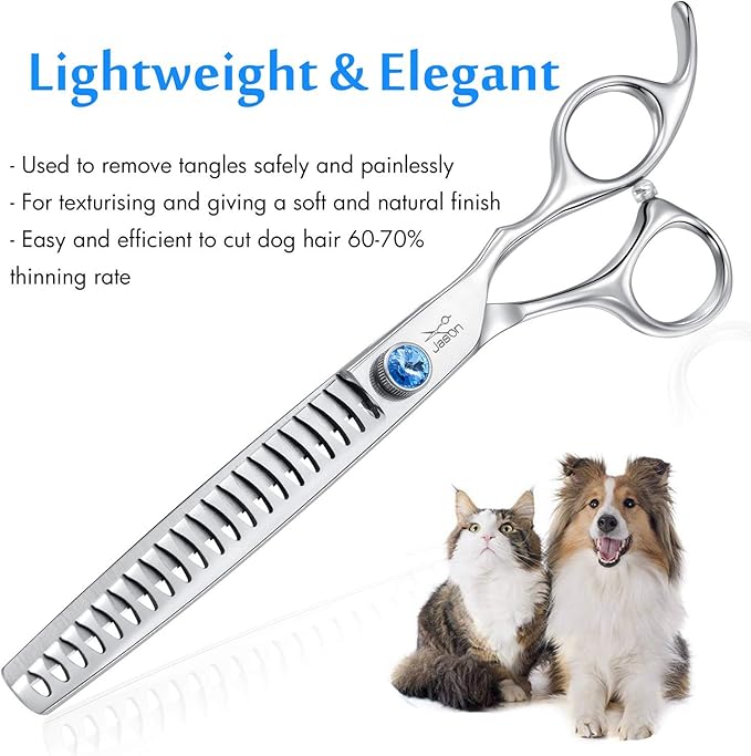 JASON 7 Inch 21-Teeth Chunkers Shears for Dogs, Ergonomic Cats Grooming Texturizing Blending Thinning Shears Pets Trimming Kit with Offset Handle, Sharp, Comfortable Shear