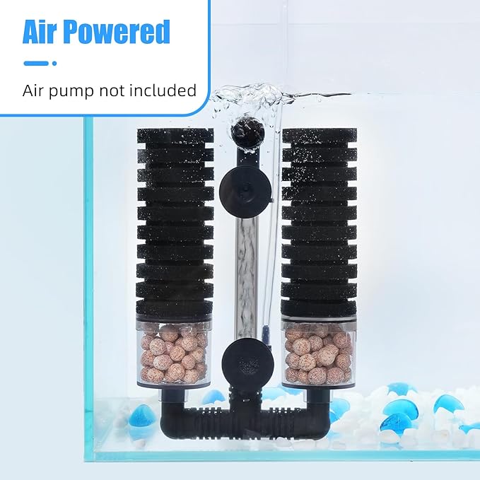 AQUANEAT Aquarium Air Powered Sponge Filter with Ceramic Media Balls, for Betta Fry Shrimp Fish Tank, with 2 Spare Sponges, up to 55Gal