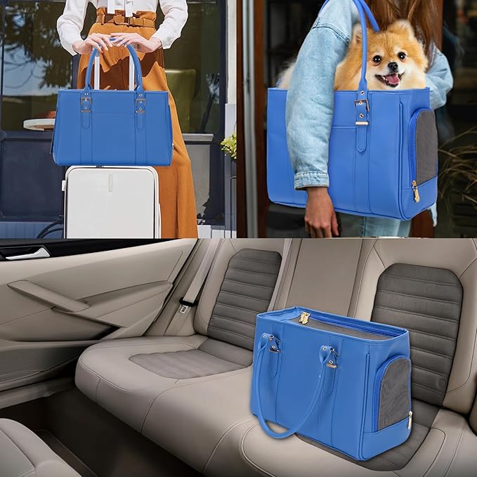 Fashion Pet Carrier Dog Purse Cat Bag Soft-Sided Carriers Travel Airline Approved, Stylish Leather Tote Handbag for Small Animal Puppy Kitten (Blue)