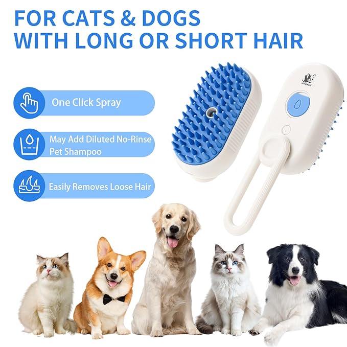 Cat Steam Brush for Shedding,4 in 1 Grooming Brush for Cats and Dogs,Deshedding,Massage,Cleaning & Anti-Static All In One,Suitable for Long & Short Haired Pets,Includes Waterless Shampoo,Yelow