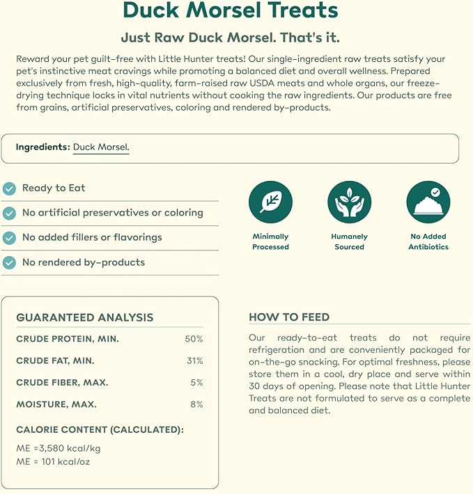 Little Hunter Freeze Dried Dog Treats - Duck Morsel - Raw Single Ingredient Duck Morsel Dog Treats for Snacks, Training, Dog Food Toppers - All Natural, Healthy Dog & Puppy Treats, 2 oz