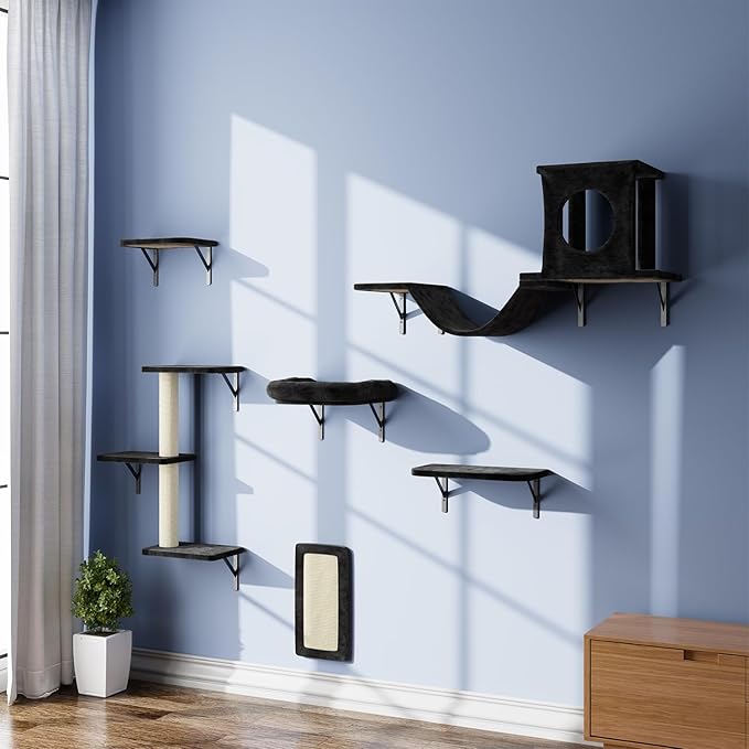 NUNU LAB Wall Mounted Cat Furniture, 6 Pcs Cat Wall Shelves with Condo House, Bridge, Steps, Scratcher, Hammock, Indoor Safe & Stable Furniture for Kittens Play, Black