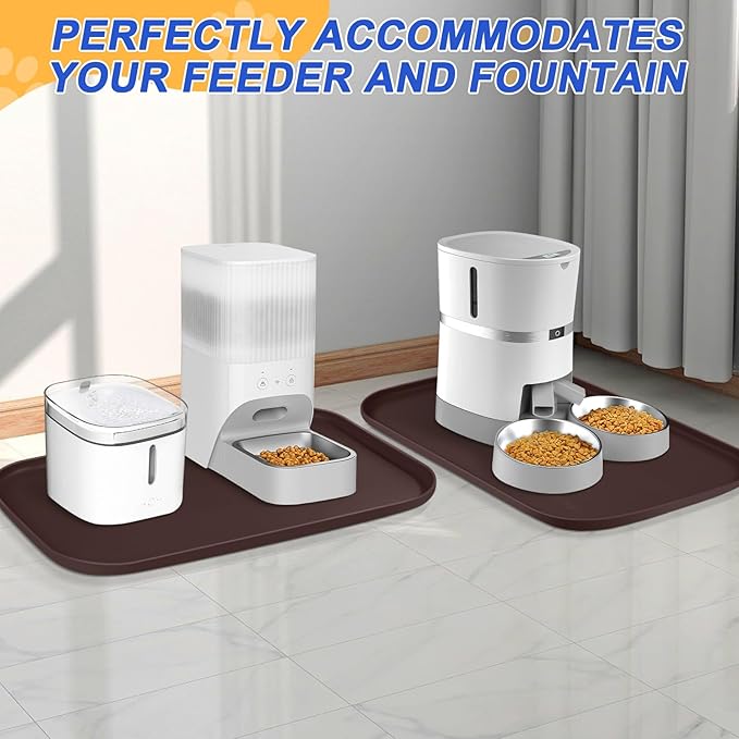 Silicone Pet Feeding Mat with Raised Edge for Food and Water, Dog Bowl Mats, Cat Bowls Placemat with High Lip for Floor Waterproof, Rubber Tray for Cats and Dogs 19 x 12 x0.7 Dark Brown