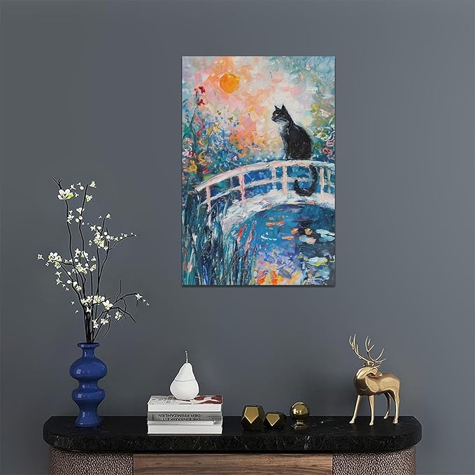Quorin Black Cat Wall Art Water Lily Sunset Pictures Cat Wall Decor Impressionism Canvas Print Painting Artwork for Bathroom Living Room Bedroom 16"x24"