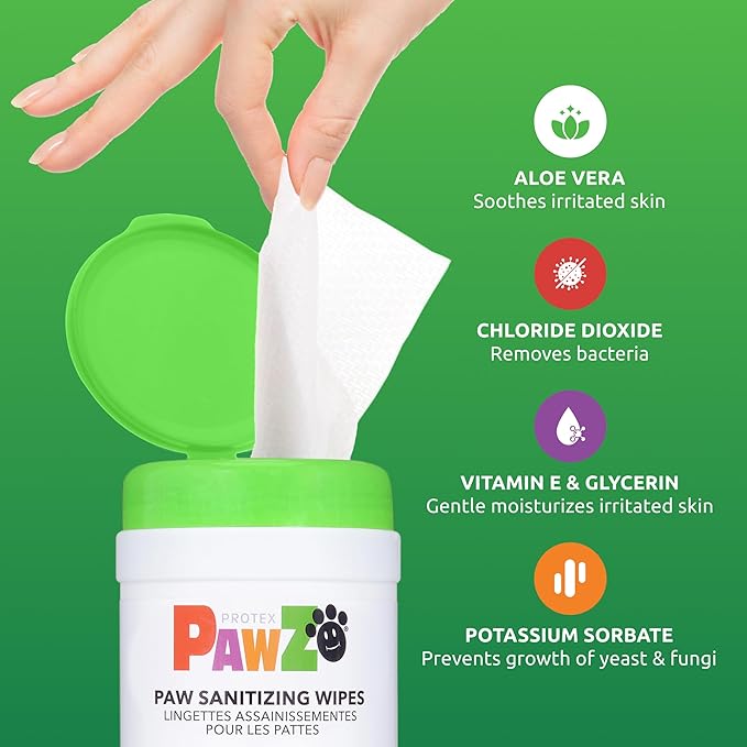 Protex PawZ SaniPaw Odor Eliminating Dog Paw Wipes (60 Wipes) Cleansing Dog Grooming Wipes, Simple & Safe Lickable Ingredients - Paw Cleaner for Dogs, Pet Wipes