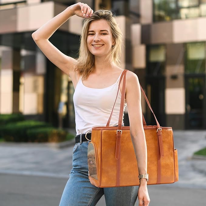 Fashion Dog Purse Pet Carrier Leather Bag for Small Dogs Cats Puppy, Portable Tote Bag Airline Approved Soft-Sided Carriers (Brown)