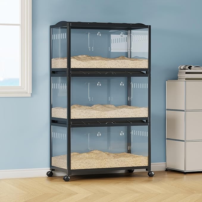 Large Metal Hamster Enclosure Rat Cage with 360 Viewing Acrylic Sides, Ventilated Front Door & Openable Top, Portable Hamster Tank for Guinea Pig, Chinchilla, Gerbil, 37.8''Lx18.5''Wx20''H Black