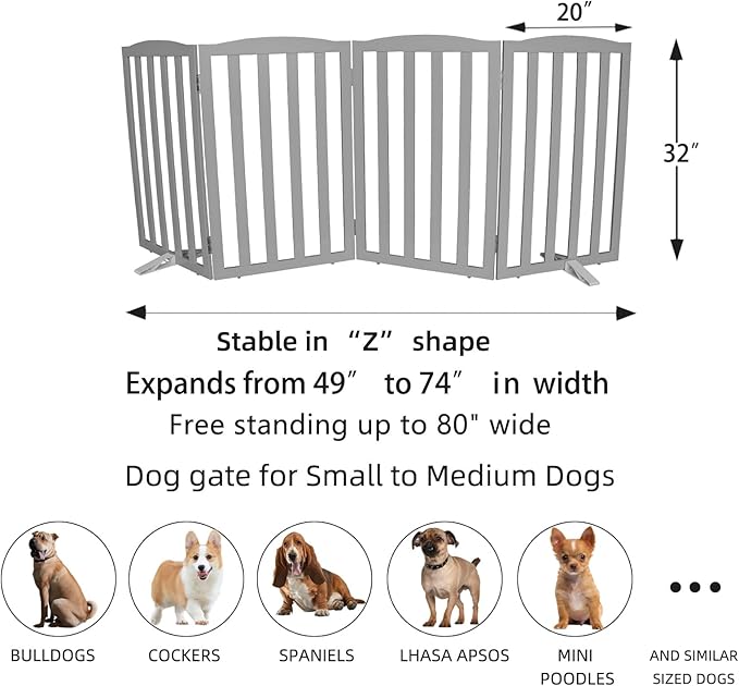 ZJSF Foldable Freestanding Indoor Dog Gate for House Wood Long Pet Gates Dog Fence for Stairs Puppy Gates for Hallways, Puppy Gate,Support Feet Included, Grey, 32 "Height-4 Panels