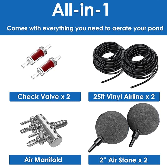 AquaMiracle All-in-One Koi Pond Aerator for Outdoor Ponds up to 1500 Gallons, Pond Air Pump Pond Aeration System with 2-Outlet Manifold Airline Tubing Air Stones Check Valves