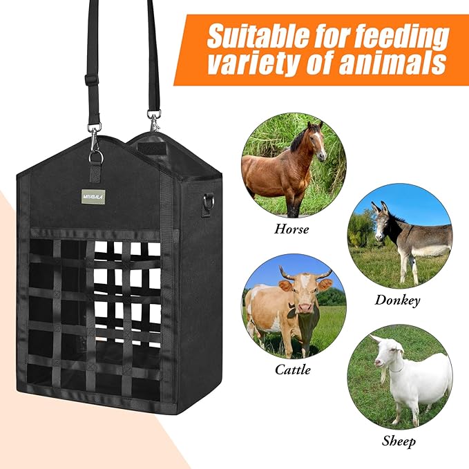 Hay Bags for Horses,Two-Sided Premium Oxford Slow Feed Hay Bags for Goats,Sheep,Donkey,Large Top Opening with Hook-and-Loop Seals,Easy to Hang with Adjustable Strap (Black, Large 1 Pack)