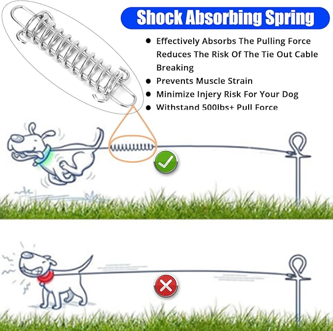 jenico Dog Tie Out Cable, 10/15/20/30/40/50/70/100/150FT Runner Cable with Swivel Hook and Shock Spring, Dog Leash Run Tether for Yard Outdoor and Camping,for Small to Medium Pets Up to 500 LBS