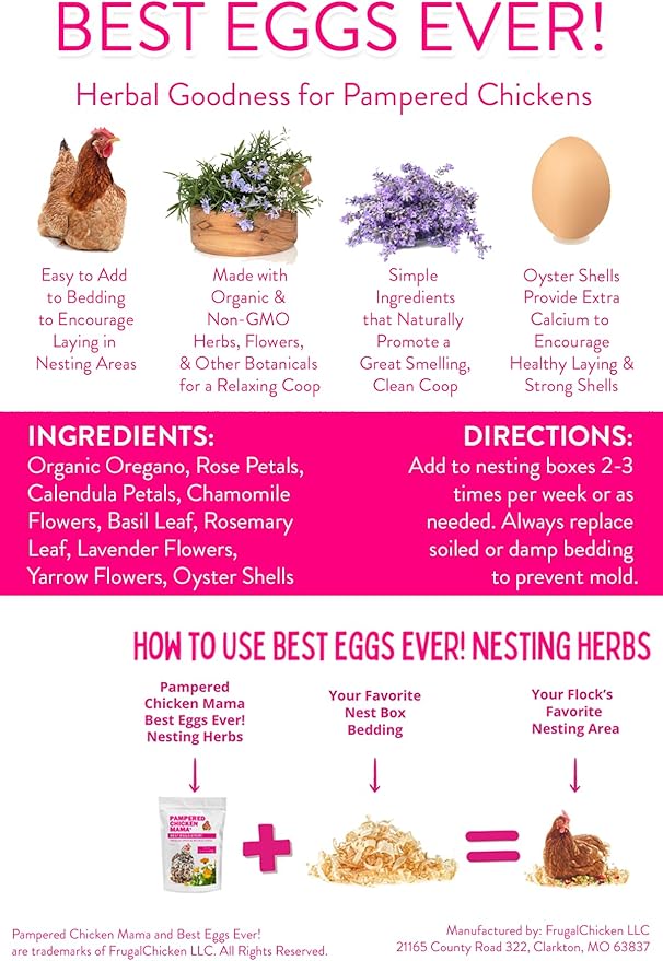 Pampered Chicken Mama Best Eggs Ever! Nesting Herbs for Chickens (1.25 Pounds) Calcium Supplement for Chickens | Chicken Feed Supplies, Hen Treats for Coops