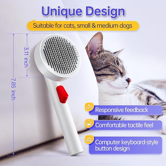 Cat Brush for Shedding with One-Click Button, Pet Comb for Indoor Cats, Suitable for Long or Short Haired Cats, Small and Medium Dogs, Grooming for Puppy Kitten Massage Removes Loose Fur