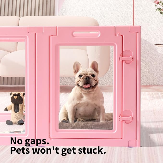 DIY Clear Acrylic Dog Playpen House,Quick Easy Assembly and Disassembly,Strong Floor Suction,Indoor and Outdoor Use,Easy Cleansing Puppy Fence (Sakura Pink, 23.6" H, 12PCS)