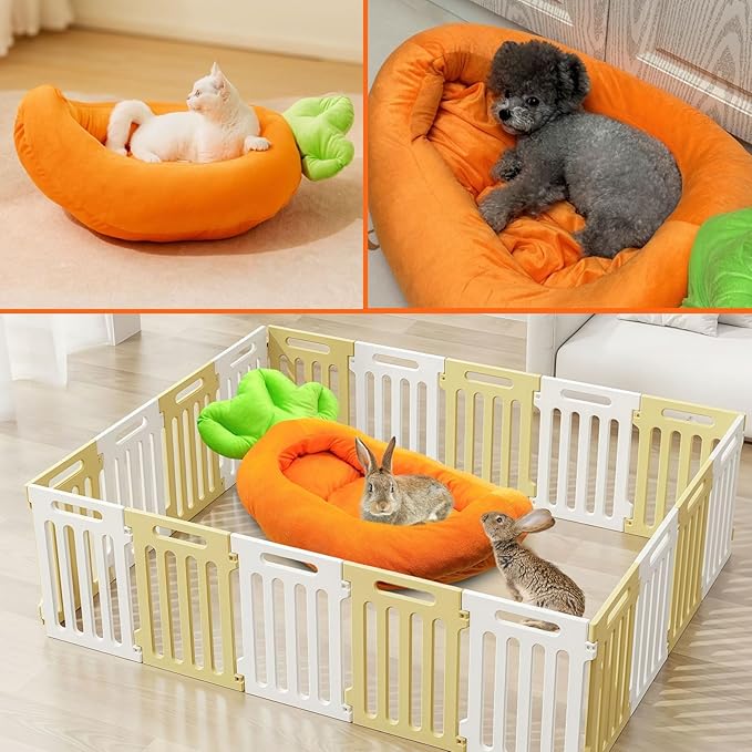 Rabbit Bed,Thick&Soft Bunny Bed with Removable Cushion,Machine Washable with Rattan Mat & Heart Decor,Cozy Warm Small Animal Sleeping Beds (Carrot Shape-L)