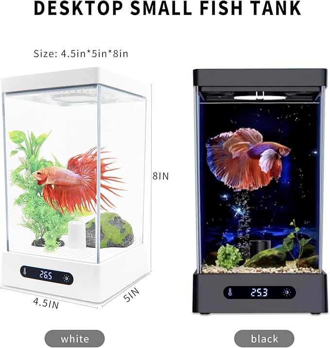 Smart Small Fish Tank Mini Aquarium with RGB Colors Light for Betta Fish Starter Kit, Adjustable Temperature and Brightness, Desktop Fish Tank for Room Decor, Smart Control with Apps