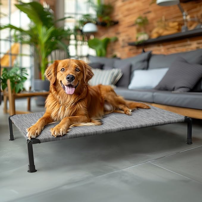 Veehoo Heavy Duty Elevated Dog Bed - Raised Dog Cot with Washable & Breathable Teslin Mesh, Non-Slip Silicon Feet, Cooling for Indoor or Outdoor, 29" x 18", Black Silver
