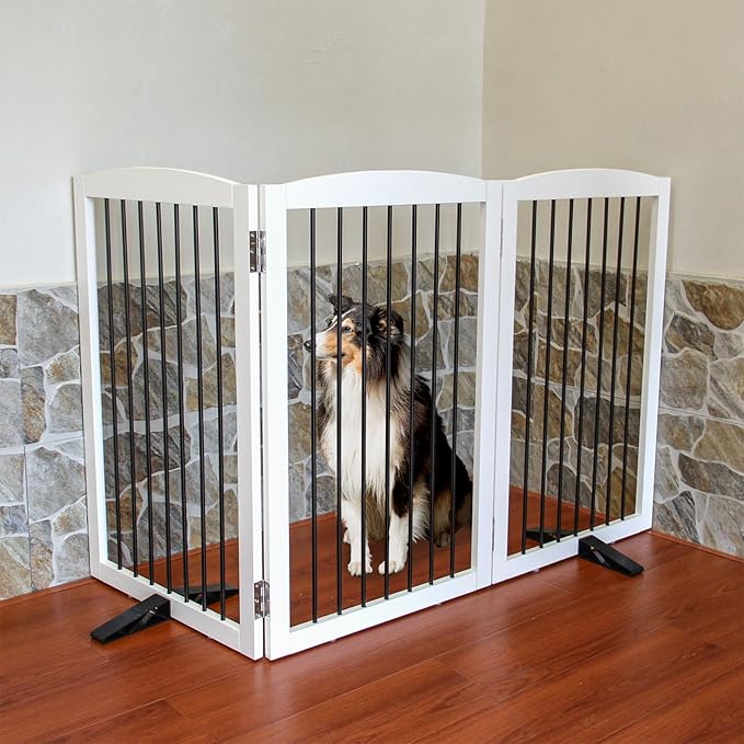 ZJSF Freestanding Panel Dog Gate for Indoor, Doorways,Stairs, or Hallways,Foldable Wooden White Dog Gates for House,Pet Gate for Dogs,Dog Fence, Puppy Gate,Support Feet Included,32 "Height-3 Panels